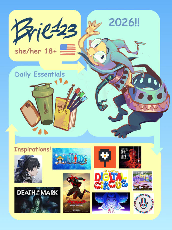 A meet the artist page of me, Brie, for the start of 2026. I include my sona, some things I carry around day-to-day, and my inspirations.